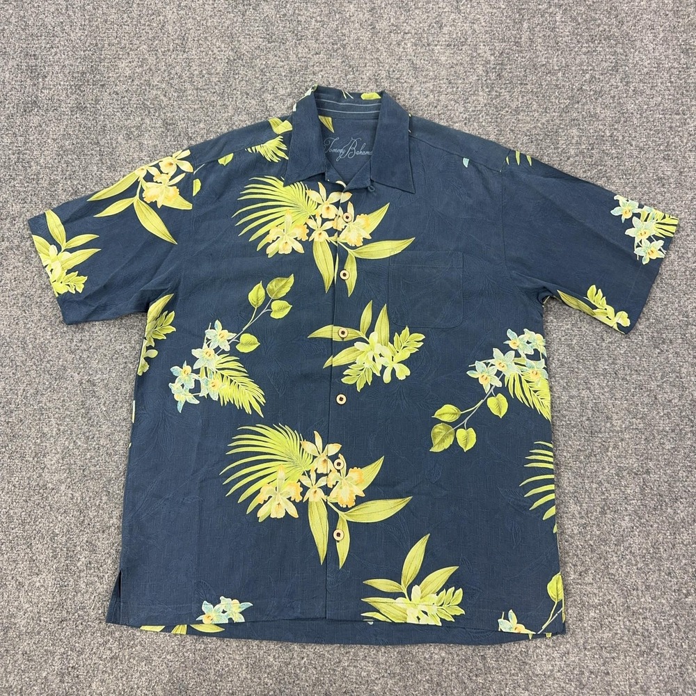 Tommy Bahama Shirt Mens M Blue Floral Silk Short Sleeve Button Front Hawaiian